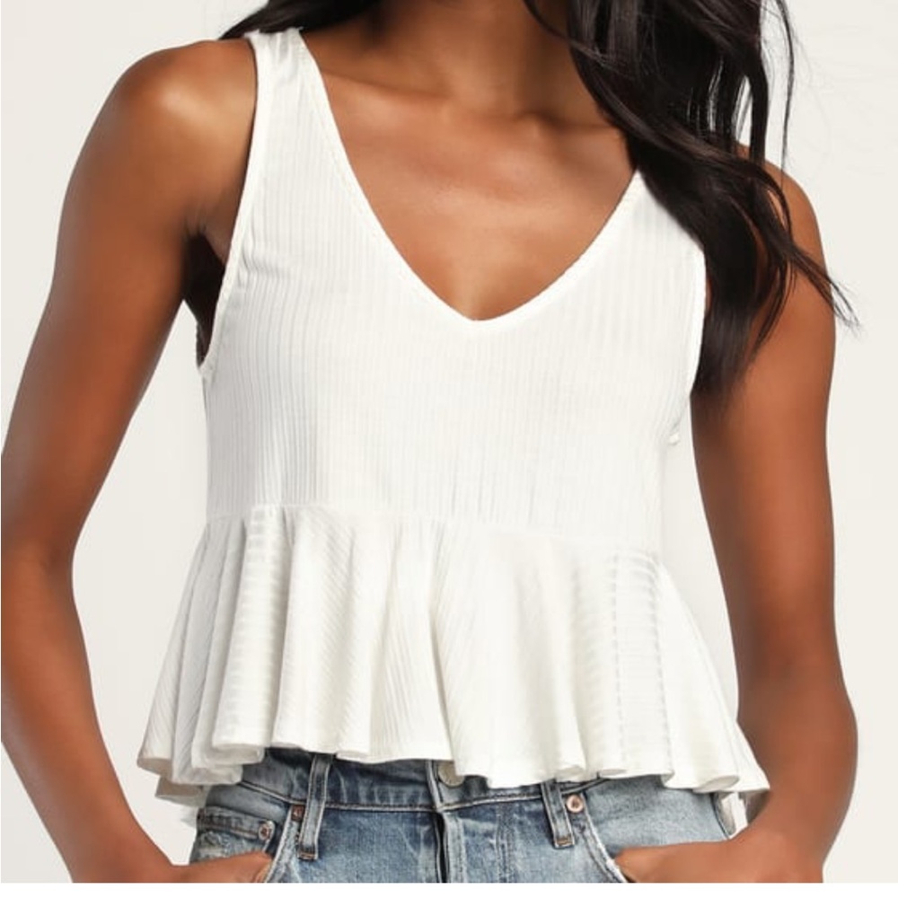 Lulus Gwynne Ivory Ribbed V-Neck Ruffled Cropped Tank Top